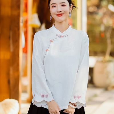 复古日记“金玉缘”兰花草提花粉鲤鱼花边袖套头小衫251C5548