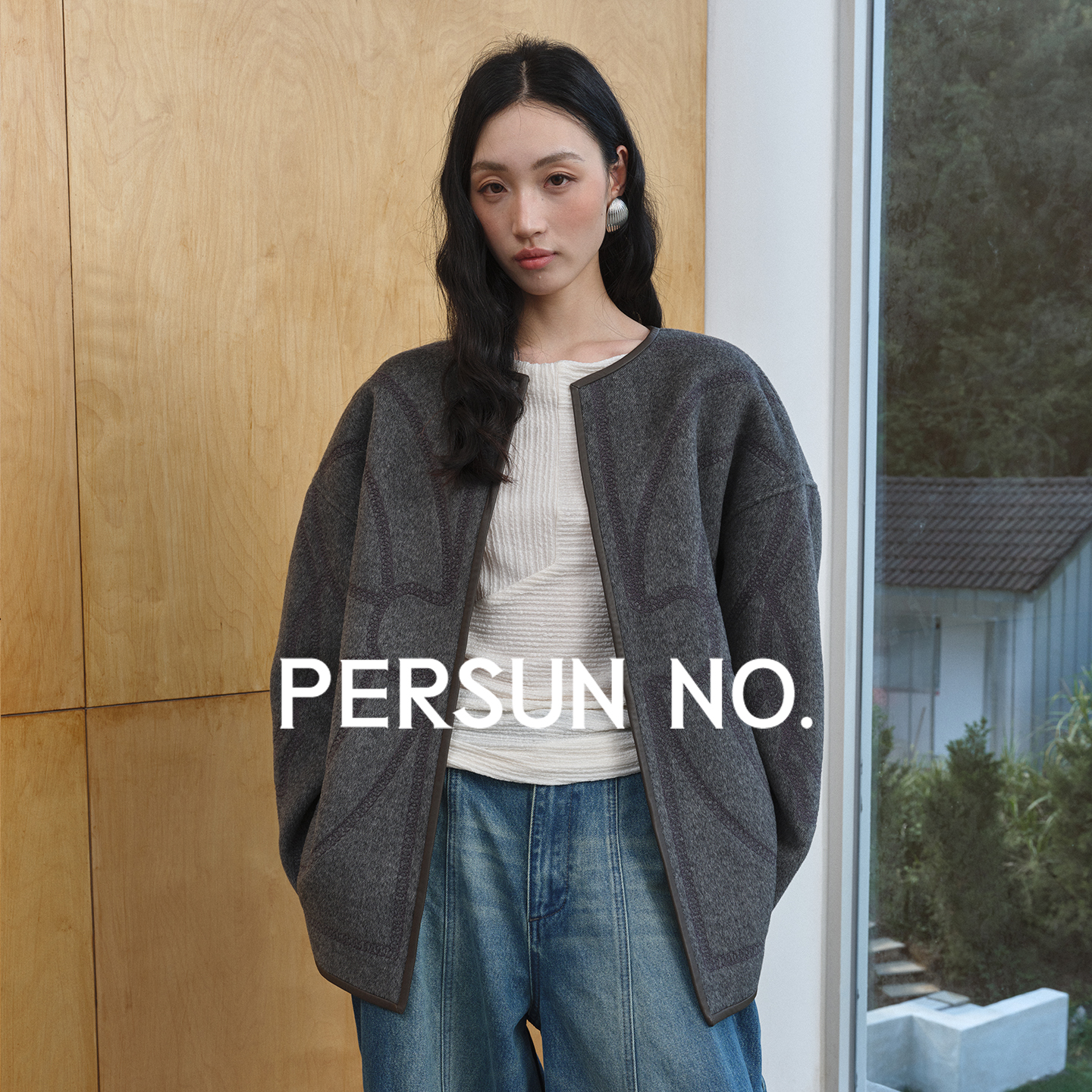 小马图腾绳绣皮边羊毛大衣外套