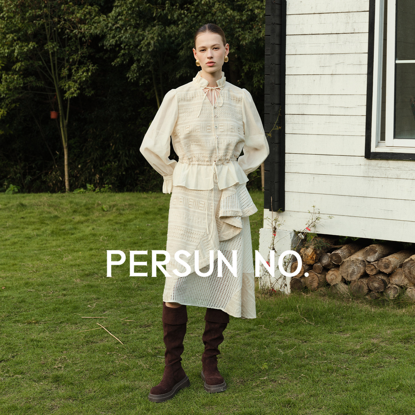 PERSUN NO.备述夏季新款女装素辉白亚麻提花重工蕾丝套装
