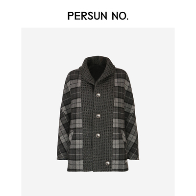 灰格叠纹多穿羊毛混纺雕塑感大衣