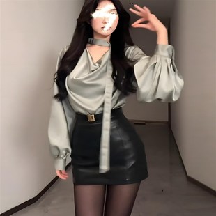 女春季 衬衫 性感包臀半身皮裙两件套 裙女高级感长袖 御姐风气质套装