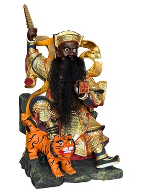武财神赵公明香樟木雕刻彩绘骑虎五路财神爷家用供奉神像摆件玄坛