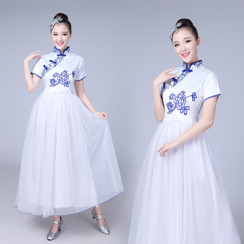 青花瓷大合唱服演出服长短裙女款合唱团古筝表演民乐古典舞蹈服装