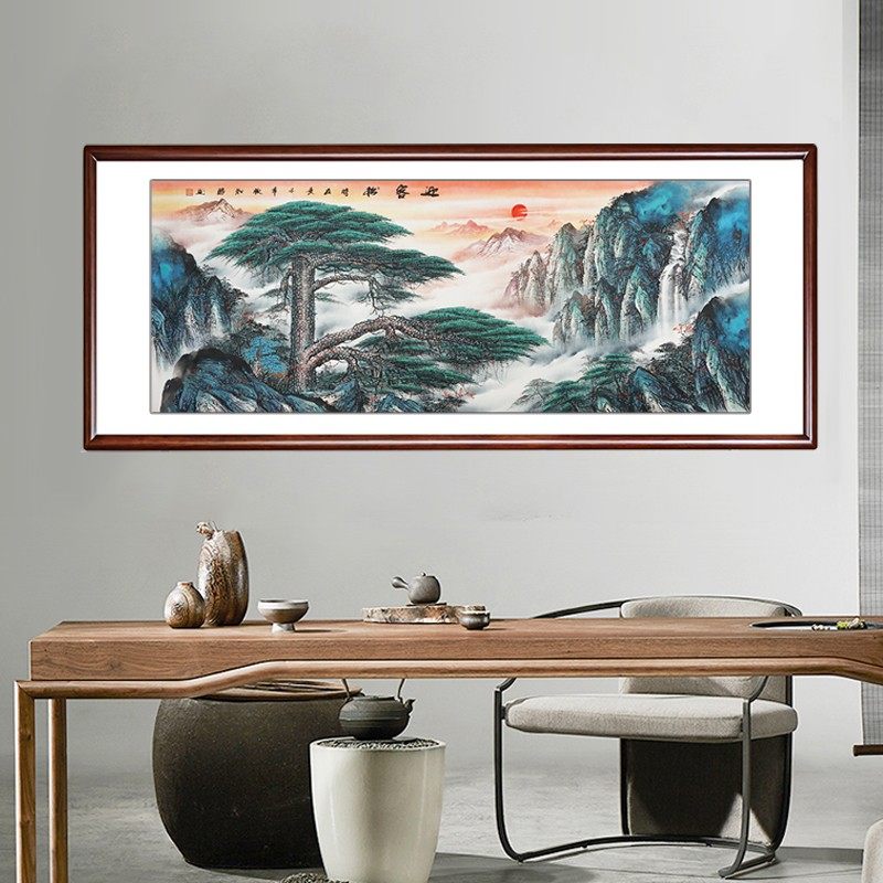迎客松山水画新中式国画背景墙壁画客厅书房挂画装饰画纯手绘字画