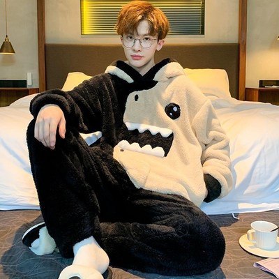 睡衣男士长袖连帽冬季珊瑚绒加肥加大码加厚卡通男生法兰绒家居服