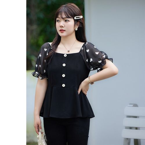 显瘦大码胖MM上衣女2024夏装新款气质A字收腰桃心碎花短袖雪纺衫