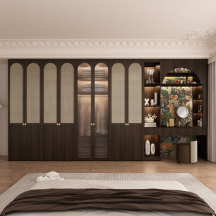 法式 复古风实木藤编门大衣柜带梳妆台一体家用中古衣橱衣帽间定制