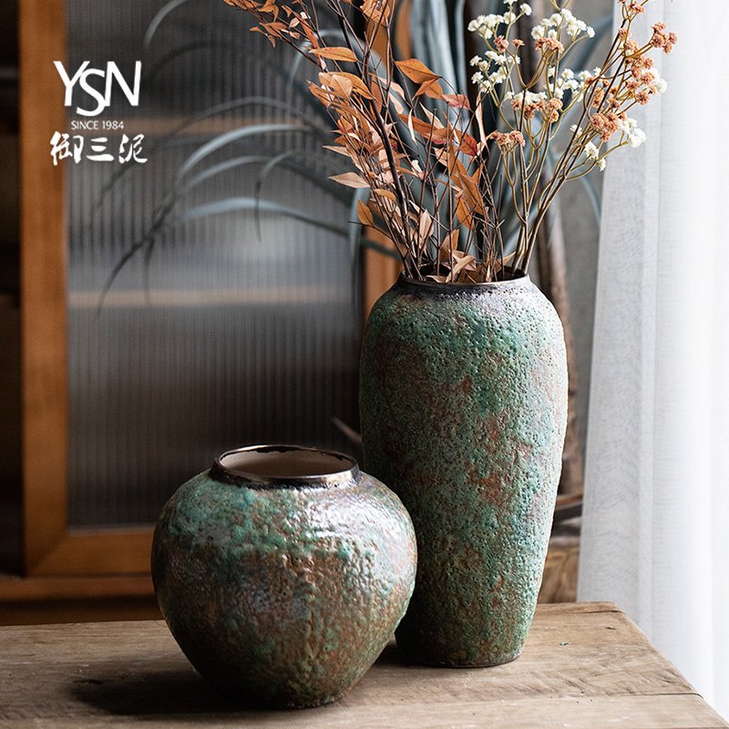 复古小清新花瓶客厅插花摆件景德镇粗陶陶罐陶艺满天星干花花瓶