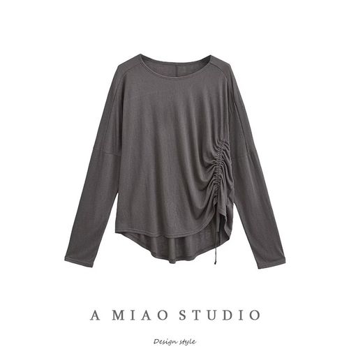设计感侧边抽褶不对称松弛感舒适薄款长袖T恤爵士舞宽松罩衫上衣
