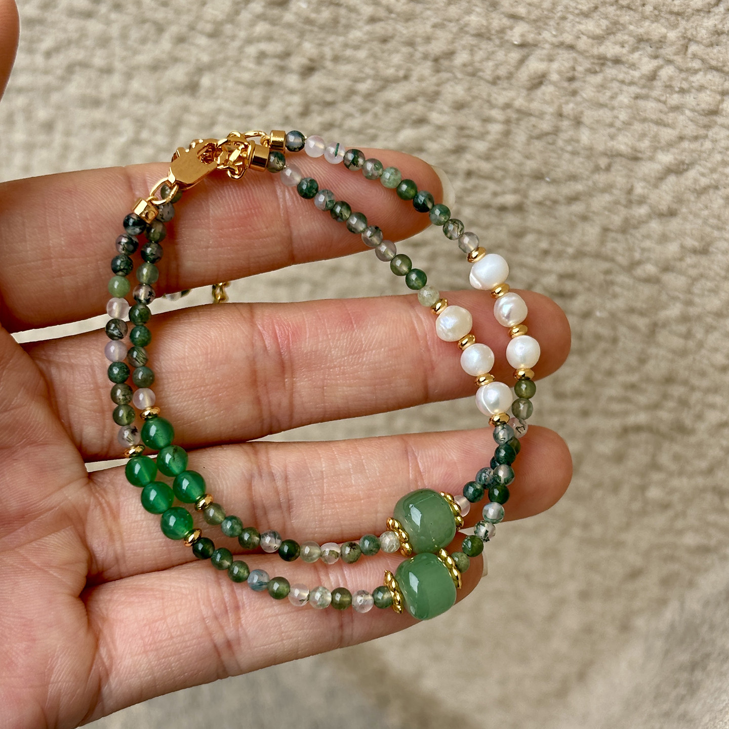 天然绿幽灵翡翠玛瑙珍珠手链女轻奢小众设计高级感叠戴精致手饰品