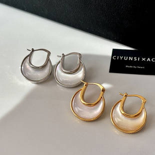 S925纯银天然双面白贝母耳环女小众独特高级感绝美方圆脸耳钉耳饰