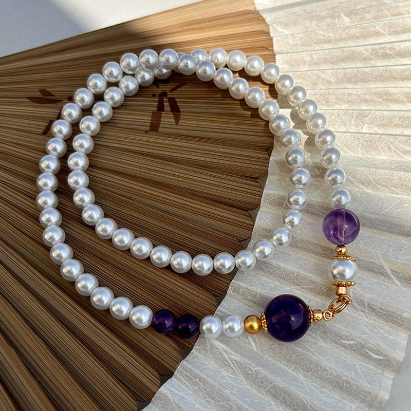 天然乌拉圭紫水晶施家珍珠项链女小众设计师高级感锁骨链气质颈链