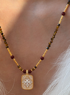 天然虎眼石四叶草无事牌项链女