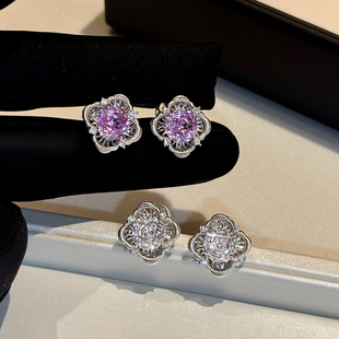 S925纯银千玺玫瑰切拉丝耳钉女小众设计高级感方圆脸耳环复古耳饰