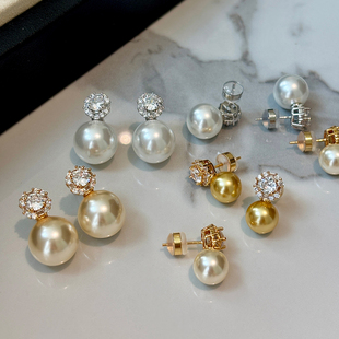 施家999纯银澳白色珍珠耳钉女2026新款正品戴妃耳环秋冬灰色耳饰