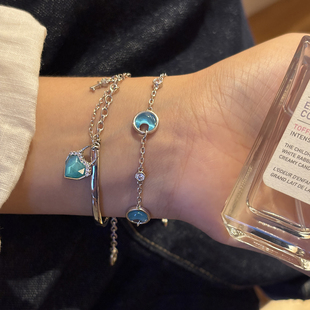 天然蓝色猫眼石手链女款轻奢小众精致叠戴爱心手镯高级感复古手饰