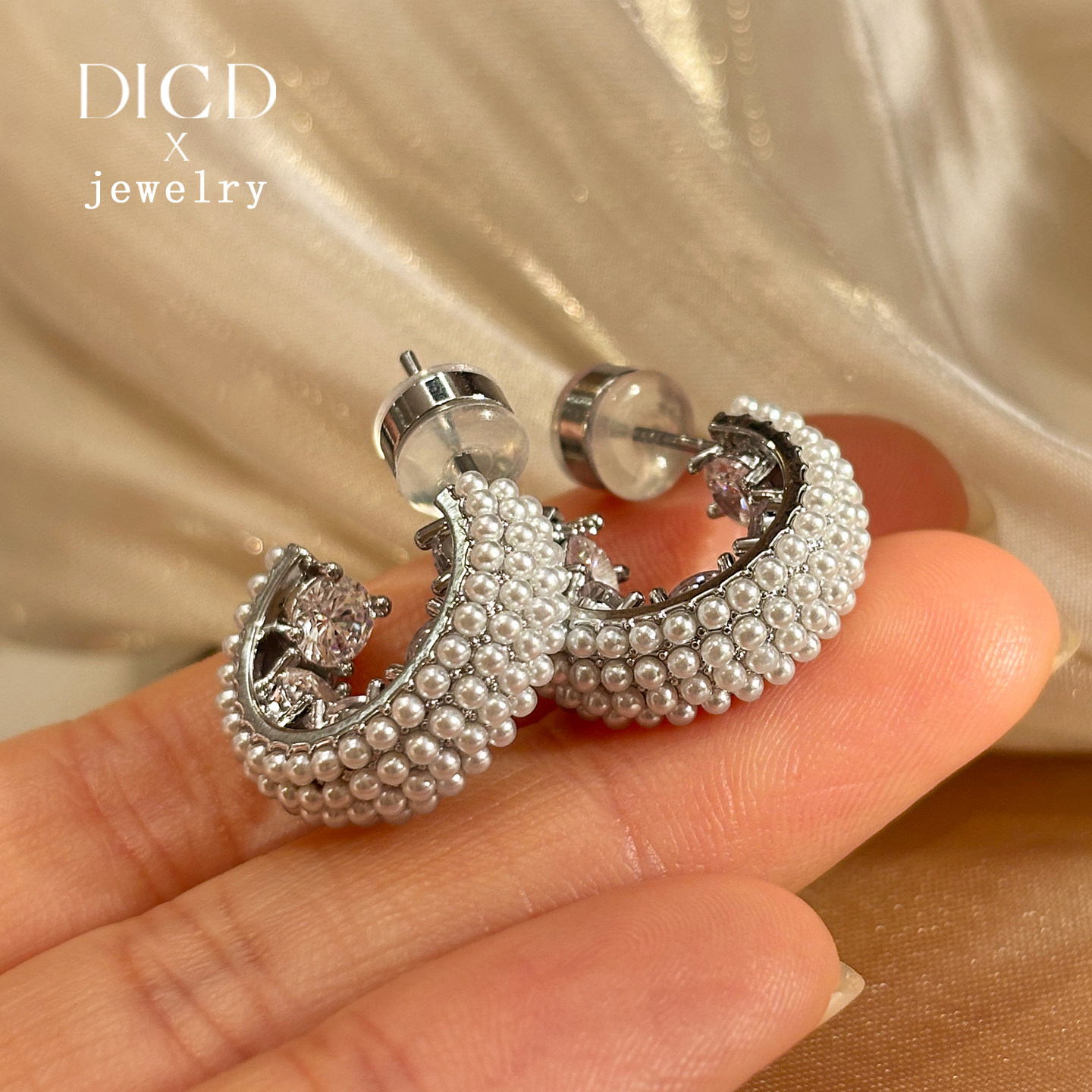 S999纯银澳白珍珠钻石圈圈耳环女2025新款高级感轻奢秋冬耳钉耳饰