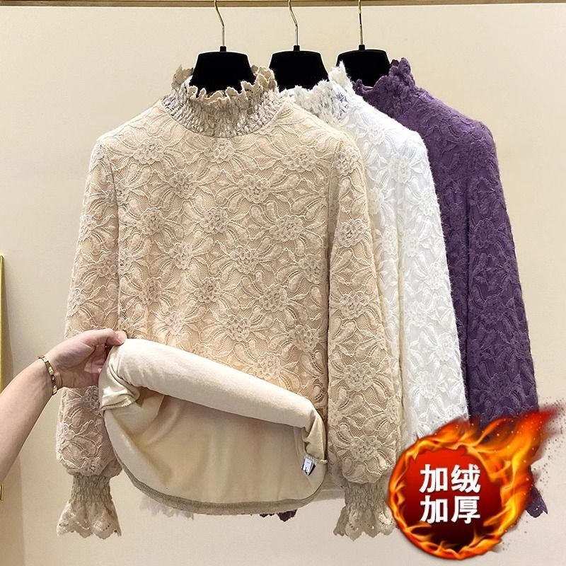 大码女装加绒加厚蕾丝打底衫胖mm秋冬新款半高领保暖内搭上衣镂空
