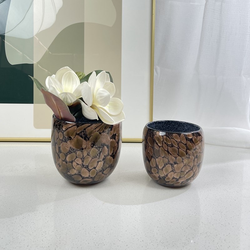 中古风鎏金琉璃小花器餐厅桌面花艺金星点玻璃碗形小花瓶摆件插花