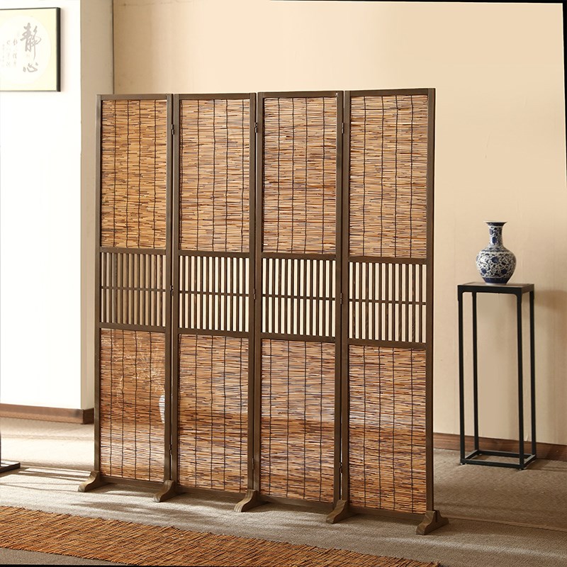 新中式芦苇实木屏风隔断玄关客厅小户型茶室复古折屏简约茶室围挡