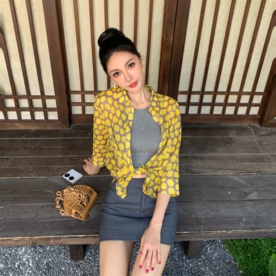 宛宛大大《夏日圆点乐章》法式黄色波点重磅棉翻领七分袖衬衫上衣