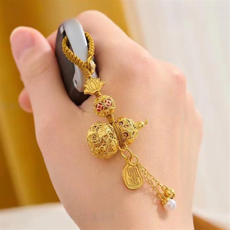 沙金铜镂空葫芦钥匙扣手机链挂饰中国风藤叶福禄车钥匙扣开运挂件