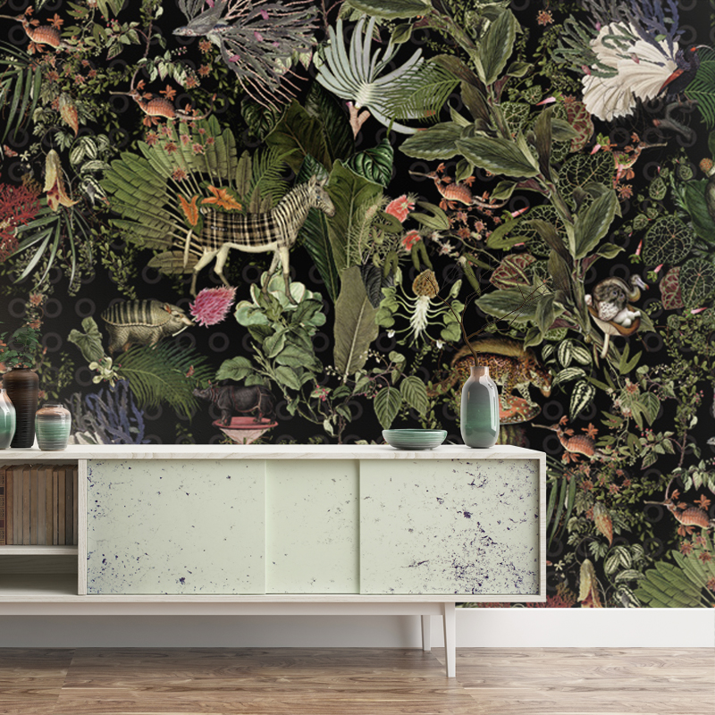 欧式热带雨林植物墙纸大气轻奢客厅卧室背景奶茶店咖啡厅动物壁纸