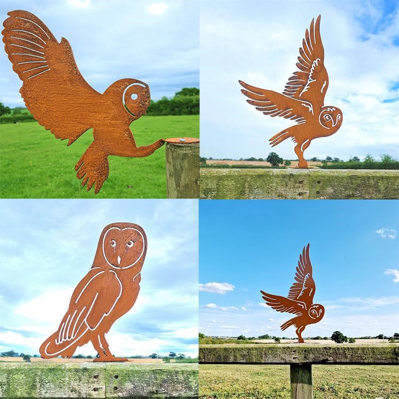 花园装饰生锈的猫头鹰摆件铁艺工艺品金属动物树插铁艺插件摆件