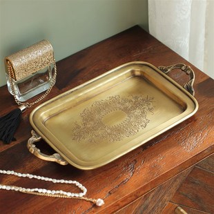 印度进口黄铜托盘手工复古把手茶盘杯子香薰桌面收纳盘底雕刻花纹