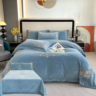 欧式双面绒床盖牛奶绒高级感珊瑚绒高端夹棉四件套冬季款床罩加厚