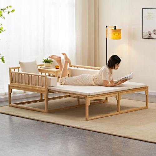 白蜡木推拉罗汉床新中式实木沙发小户型伸缩两用床客厅坐塌贵妃塌