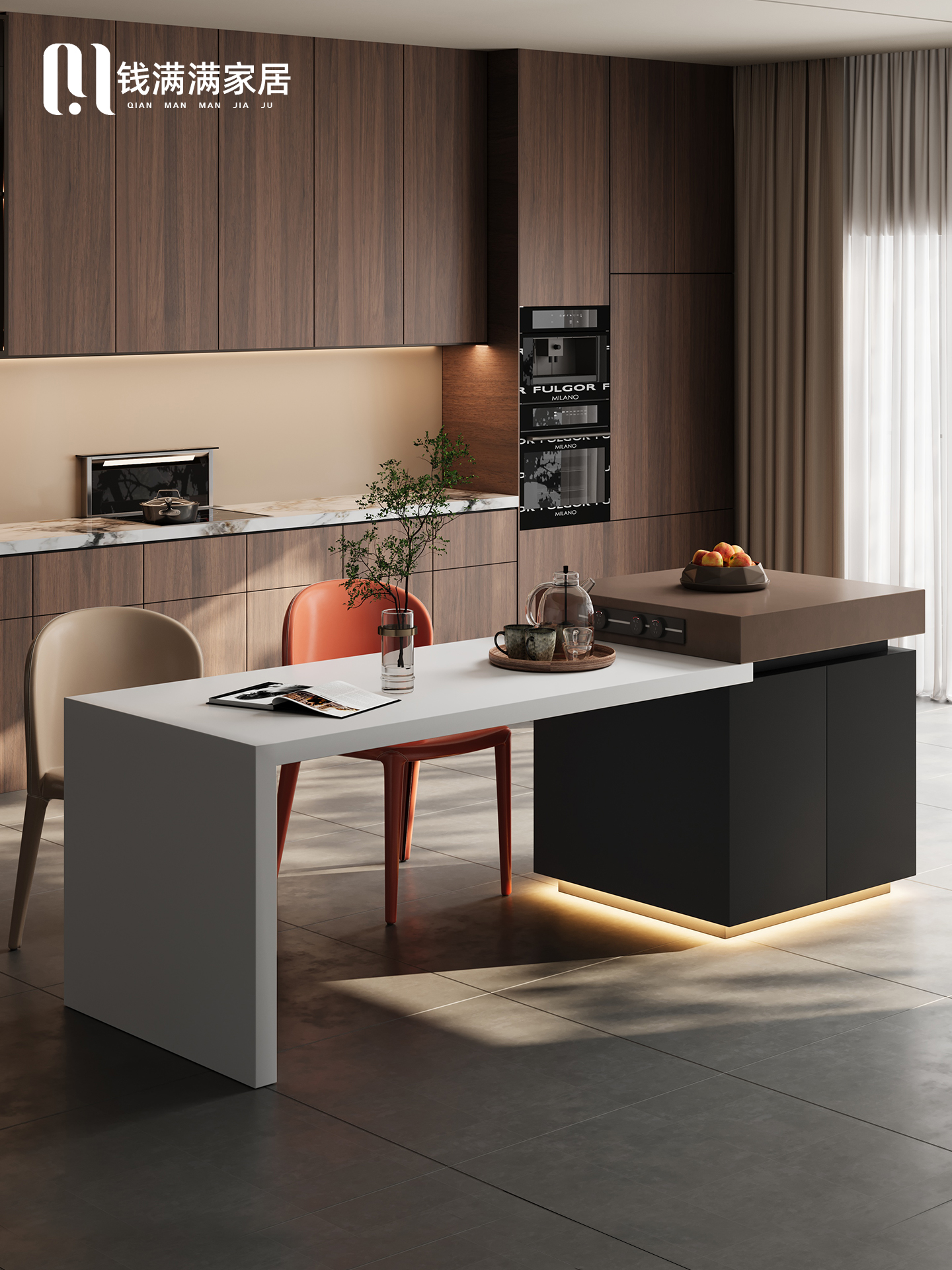 2025新款意式岛台餐桌一体家用可伸缩厨房窄储物茶吧倒台岩板导台