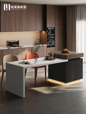 2025新款意式岛台餐桌一体家用可伸缩厨房窄储物茶吧倒台岩板导台