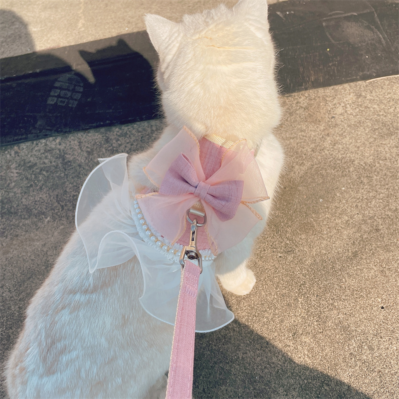 猫咪胸背带狗狗牵引绳公主裙雪纺花边珍珠仙女宠物遛猫防挣脱绳子