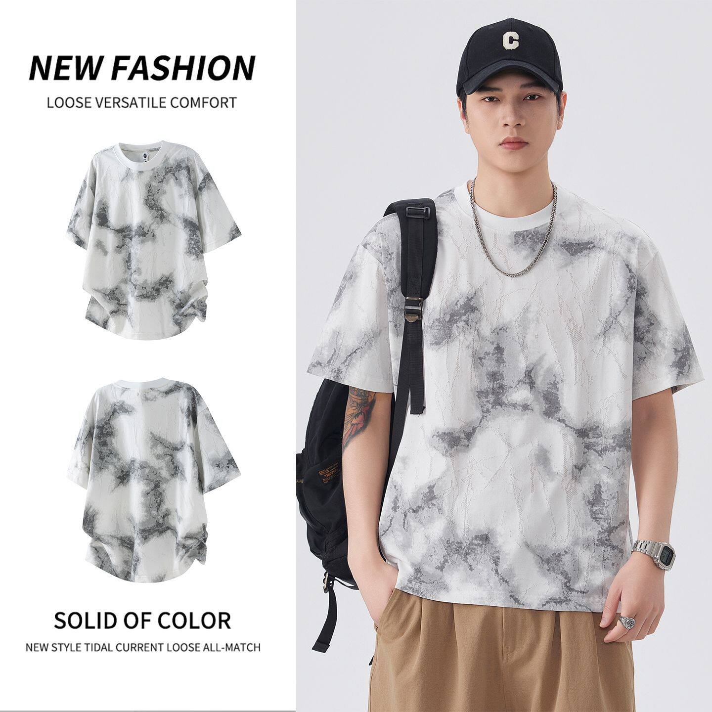 实拍2026夏季新款潮牌美式短袖t恤男水墨扎染镂空圆领半袖体恤