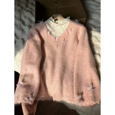 温柔风甜美v领立体蝴蝶粉色羊毛软糯针织衫毛衣2025女秋冬季新款