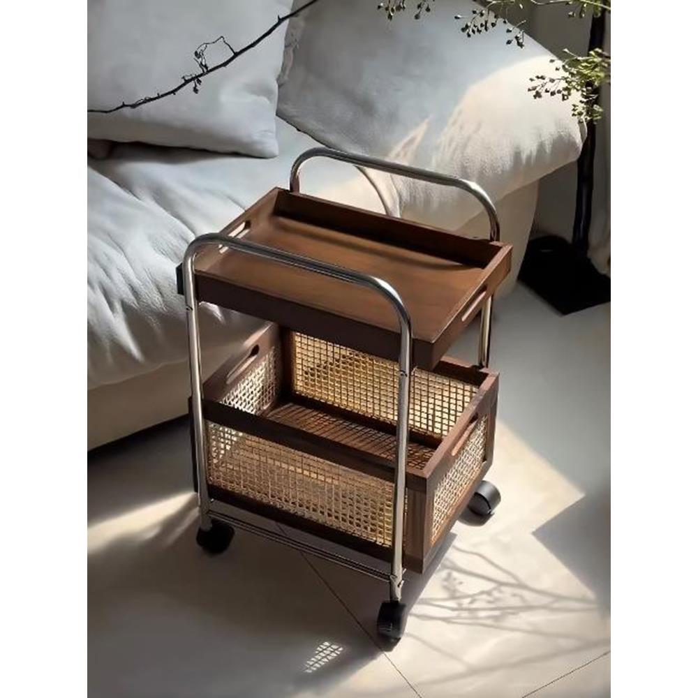 中古小推车可移动边几零食置物架带轮茶几复古藤编储物收纳架实木