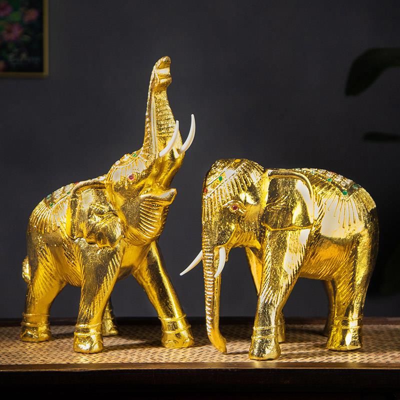 泰国创意雕刻金色大象摆件桌面泰式木制客厅酒柜玄关摆设装饰品