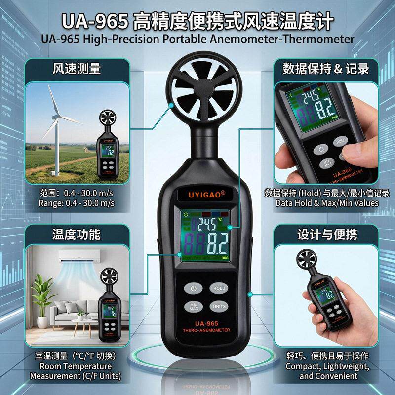 便携式数字风速检测仪带温度测量智能式风速计精度温风双显