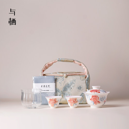 牡丹含露花口盖碗茶具套组