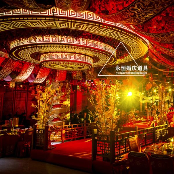 新款婚庆中式圆形灯箱吊顶汉式雕花挂件婚礼堂软装美陈装修装饰灯