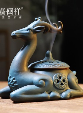 新中式陶瓷福鹿摆k件家居客厅茶室香薰炉禅意玄关博古架装饰工艺