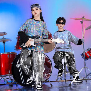 吉他演出服男童秋l冬元旦儿童架子鼓街舞酷炫银色女童唱歌表演服