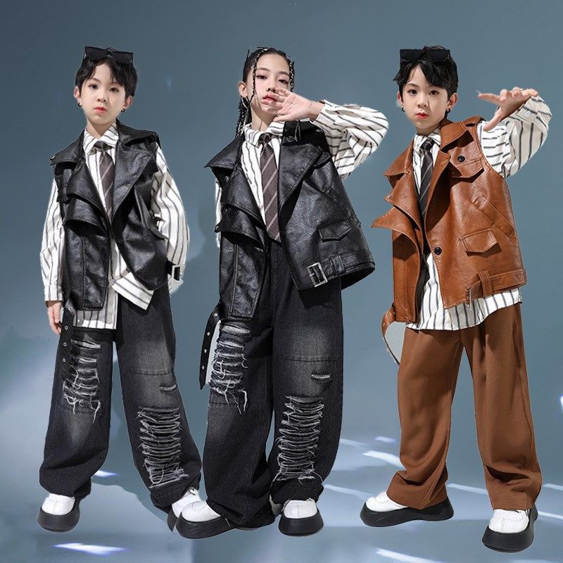街舞儿童皮衣夹克男女童嘻哈机车黑色皮马甲架子鼓U演出服走秀摄