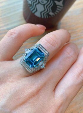 欧美10百搭托帕戒指*复古风2023女士14戒子镶钻闪耀满新款蓝