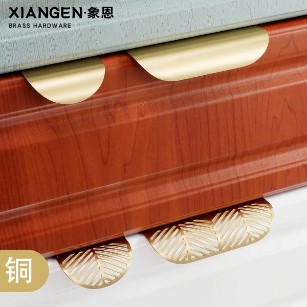 隐形拉手纯铜明装免打孔门缝内嵌简约创意金色轻奢树叶柜门把手