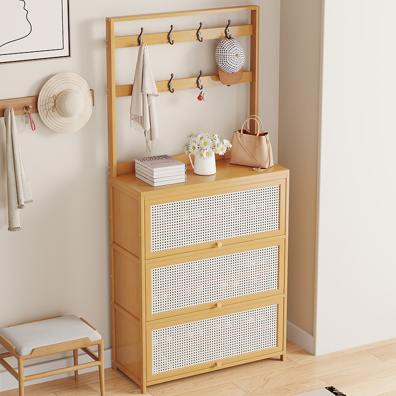 门口楠竹鞋柜衣帽架一体家用落地多层防尘实木简T易进门鞋架子收