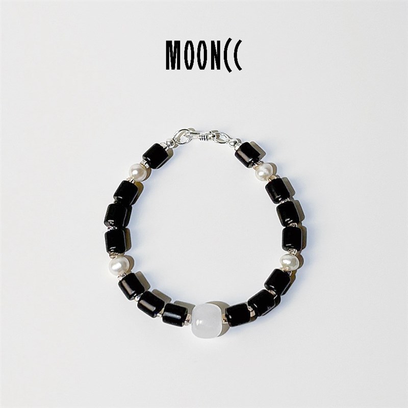 MOONCC乌木调系列原创新中式天然珍珠和田玉SO925纯银手链复古极