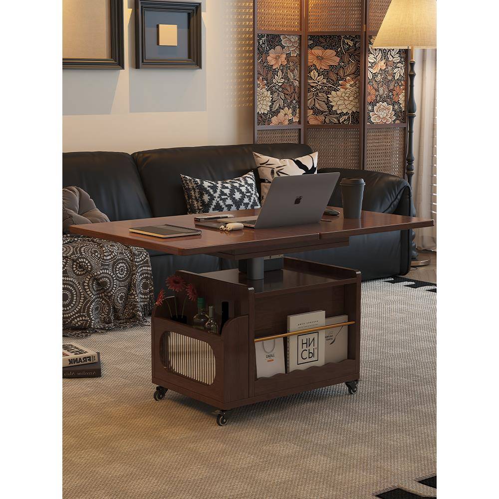 中世纪风格的咖啡桌桌子可以举起和折叠实木客厅沙发侧柜移动推车