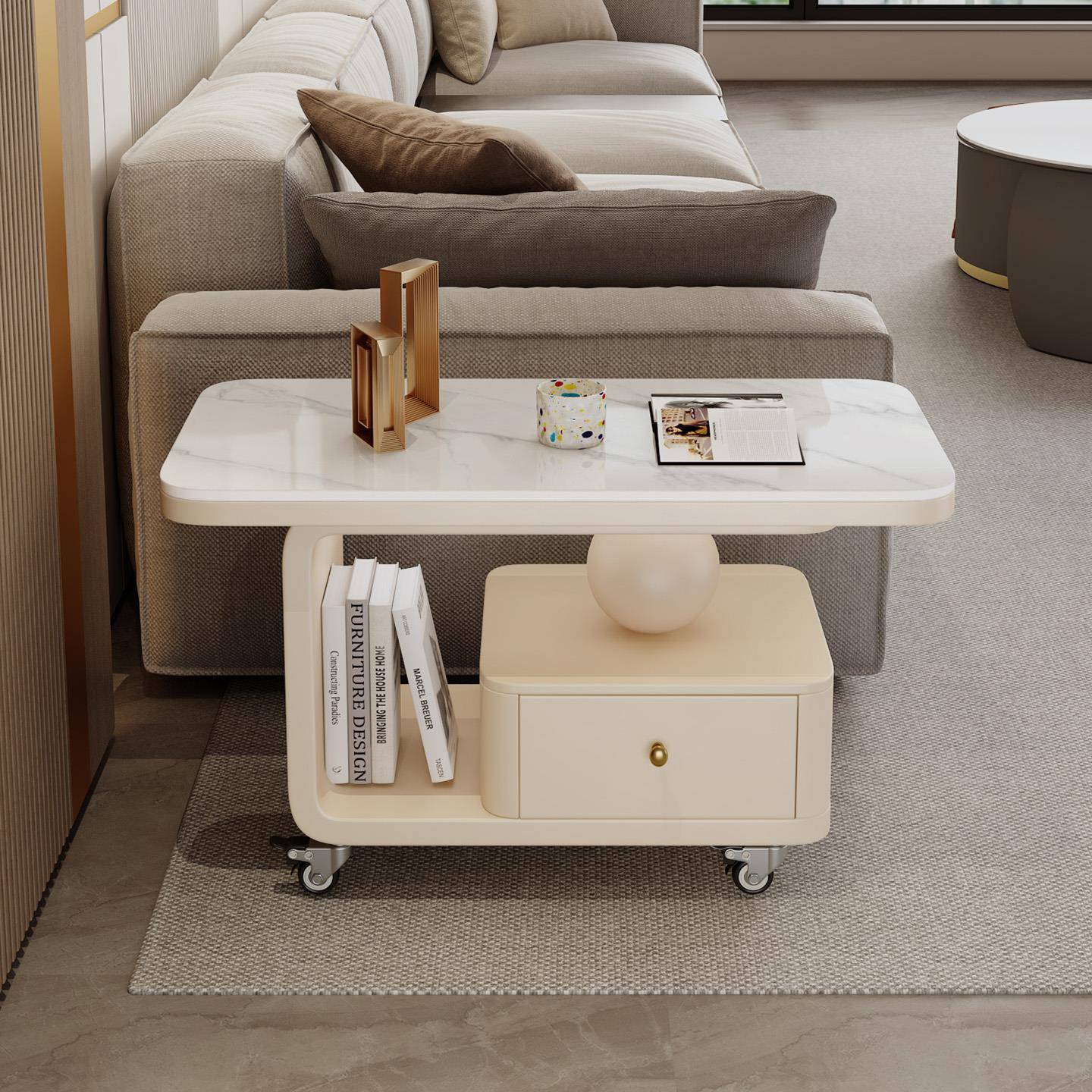 奶油风家用可移动岩板茶几小推车2025新款小户型客厅移动茶几边几
